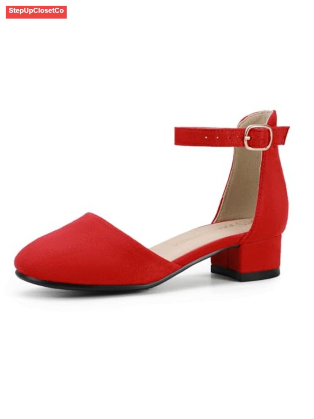 Girls Dress Heels Low Heel Pumps with Buckle Ankle Strap for Wedding Party